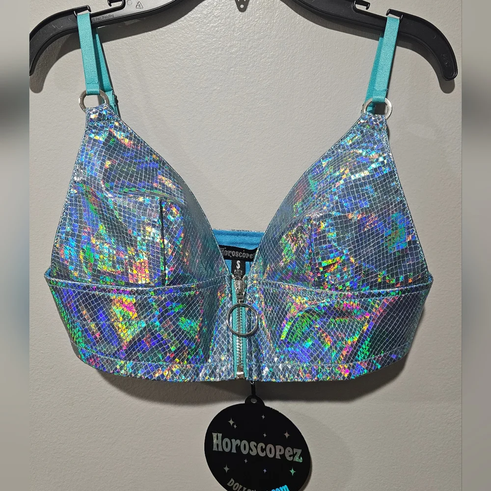 Dolls kill Horoscopez Buy My Luv Blue Holographic Bustier Bra Zip Crop Top XS S - Picture 1 of 3